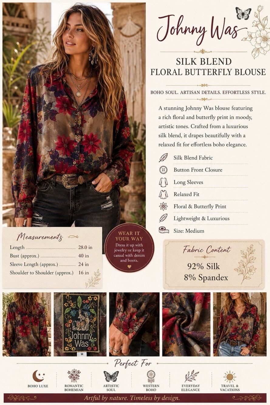 Johnny Was Claret Floral Button Down Top Boho Silk Medium